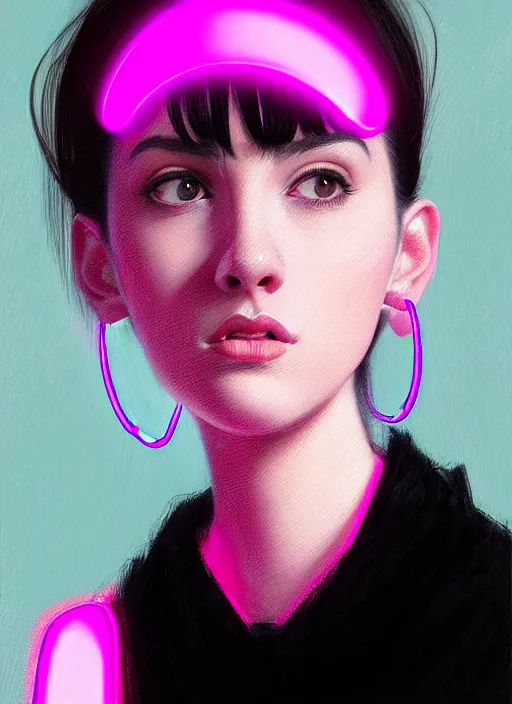 Image similar to portrait of teenage girl, narrow face, black hair, bangs, half updo hairstyle, pointy nose, skinny, unattractive, defined jawline, big chin, pink hair bow, hoop earrings, intricate, elegant, glowing lights, highly detailed, digital painting, artstation, sharp focus, illustration, art by wlop, mars ravelo and greg rutkowski