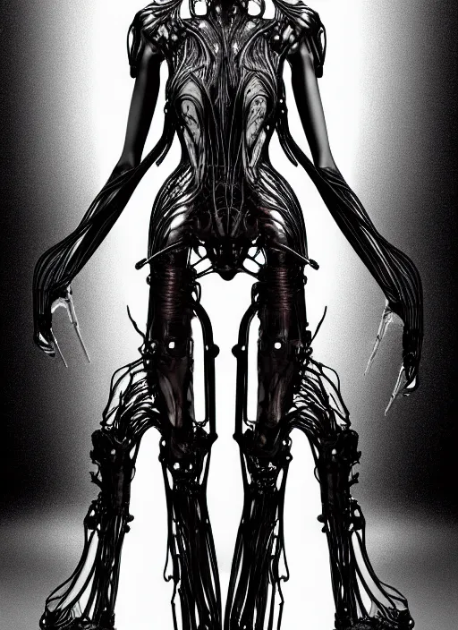 Image similar to iris van herpen gothic inflateble dark dress, perfect symmetrical body, helmet on face, full body shot, alien, plant predator, guyver, giger, wires, tubes, veins, jellyfish, white biomechanical details, wearing epic bionic cyborg implants, masterpiece, intricate, biopunk, vogue, highly detailed, artstation, concept art