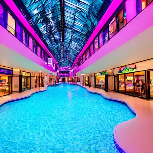 Image similar to an indoor mall with palm trees and pools, pink and blue lighting, everything floats in space