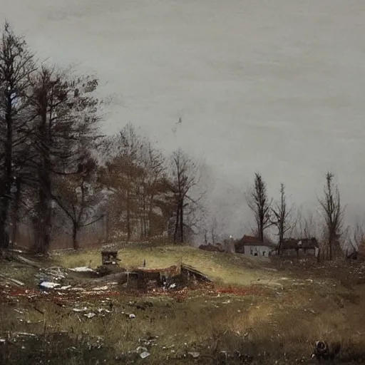 Prompt: painting by jakub rozalski of abandoned village