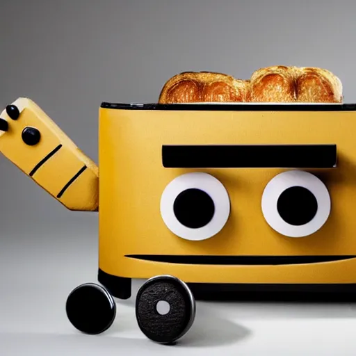 Prompt: an anthropomorphic toaster with googly eyes, black stick legs, black stick arms, and a hat