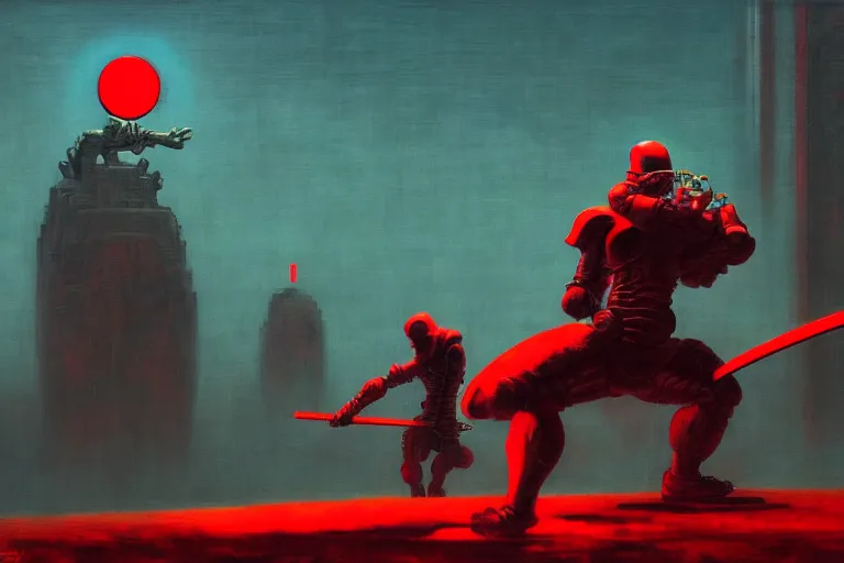 Image similar to only with red, a red cyborg samurai, tokio futuristic in background, some evil yokai fight, in the style of beksinski, parts by edward hopper, parts by rodcenko, parts by yue minjun, intricate and epic composition, red by caravaggio, insanely quality, highly detailed, masterpiece, red light, artstation, 4 k