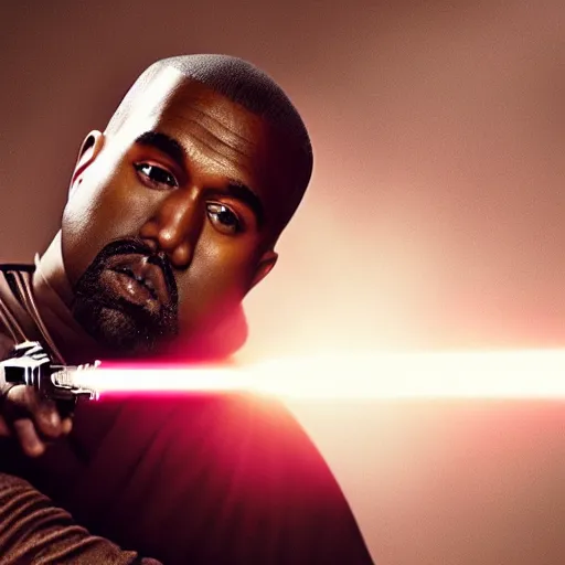 Image similar to Portrait of Kanye West as a jedi in Star Wars, holding lightsabre. splash art, cinematic lighting, dramatic, octane render, long lens, shallow depth of field, bokeh, anamorphic lens flare, 8k, hyper detailed, 35mm film grain