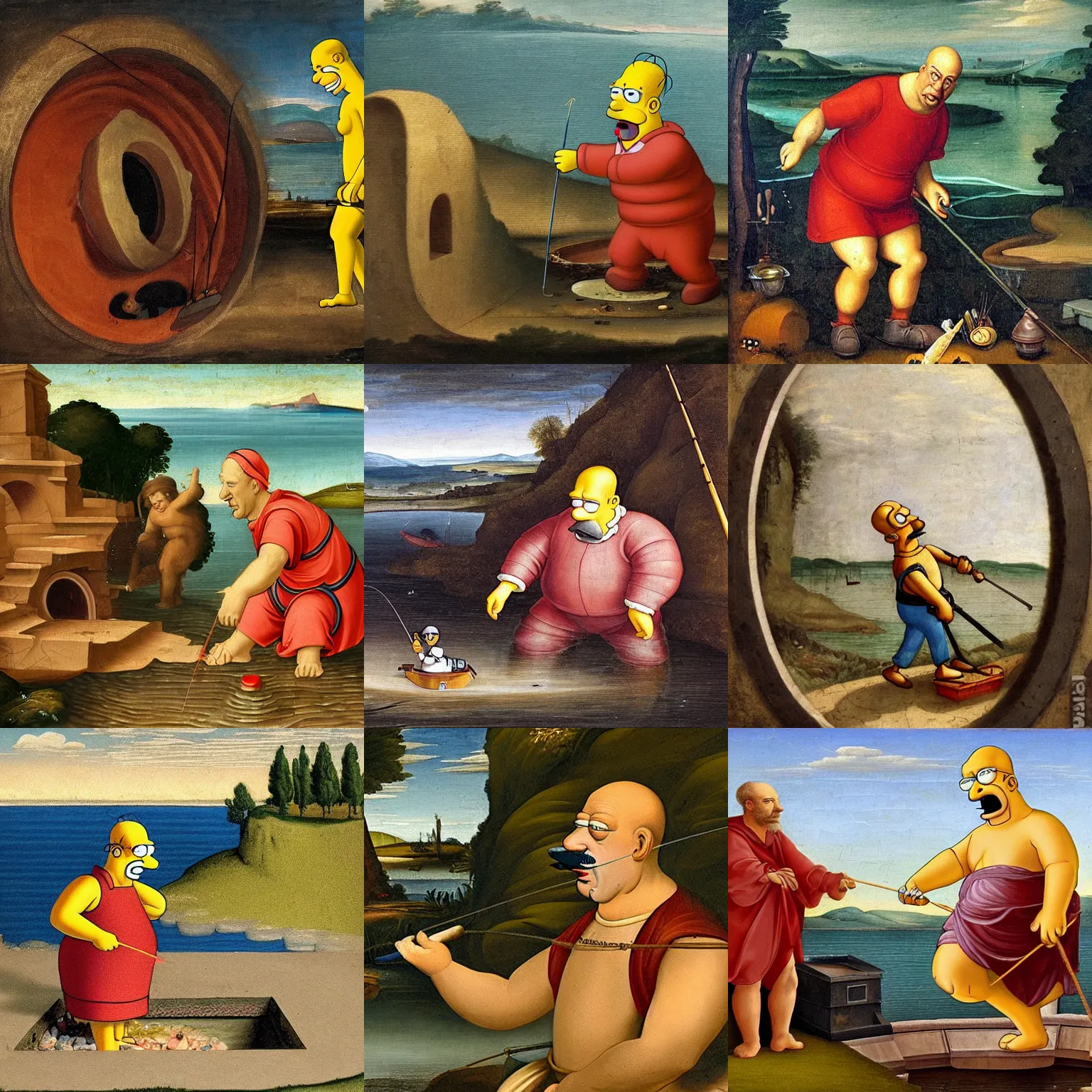 Prompt: a renaissance painting of Homer simpson fishing in a sewer, in the style of kylearts