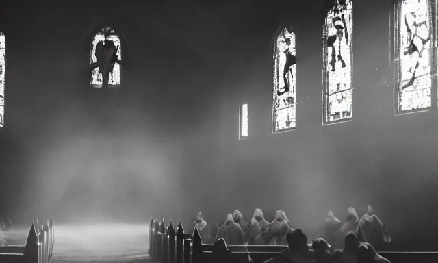 Image similar to a cultist ceremony, cultists with robes and masks, church interior, satanic church interior, the fog. horror lighting, found footage