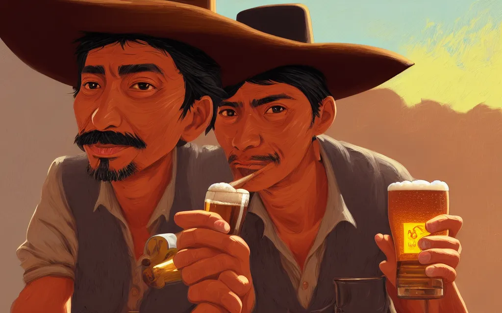 Image similar to photo of juan caloto beer illustration of a mexican man,, with one small, dirt, wild west, with hat, drinking a beer at train station, fantasy, intricate, elegant, highly detailed, digital painting, artstation, concept art by makoto shinkai, ilya kuvshinov, lois van baarle, rossdraws, basquiat,