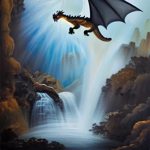 Image similar to oil painting of a dragon flying in the air near a cave with a waterfall in the center, light emanating from the waterfall leading to a big pool of water, dragon has black and white siberian tiger stripes, elegant, sharp focus, wide shot, clear, detailed, early renaissance