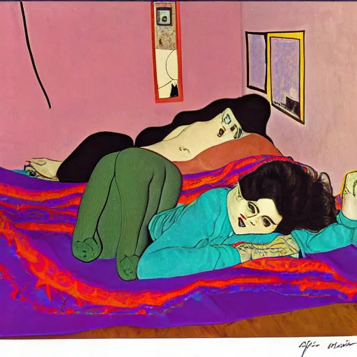 Prompt: rocker goth teen girl with black lace boots laying on her stomach on the floor, writing on a journal. 1970s colorful psychedelic bedroom. Trippy room. Stylized. Egon schiele