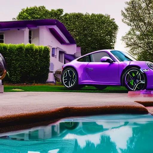 Image similar to a house made of translucent purple colored water in high quality with a porsche 9 1 1