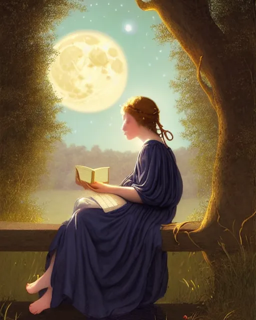 Prompt: girl in white nightgown reading a book by the river, a full moon on the horizon, dark starry sky, dreamy fantasy ambience with golden orbs and fireflies, detailed gothic illustration bright moon light, by edmund blair leighton, brom, charlie bowater, face by otto schmidt