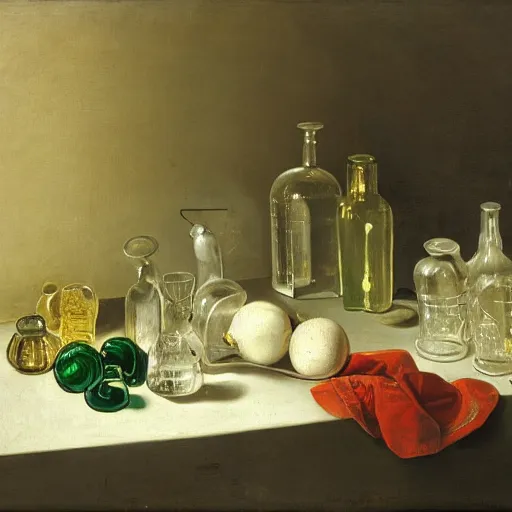 Prompt: a still life of glass bottles by pieter claesz