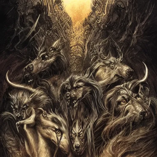 Image similar to the hounds of hell, fantasy art, artstation, alan lee, illustration, detailed