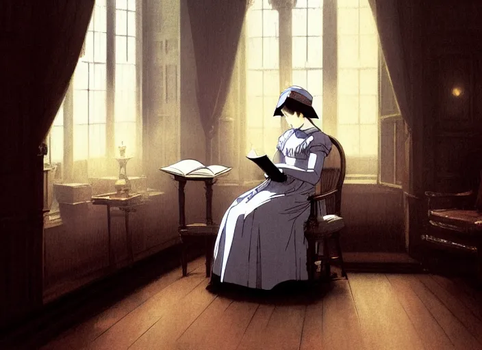 Prompt: victorian britain 1 8 3 5, adolecent florence nightingale reading in a chair in the drawing room of a english victorian manor light from a window on the left, finely detailed perfect art, gapmoe yandere grimdark, trending on pixiv fanbox, painted by greg rutkowski makoto shinkai takashi takeuchi studio ghibli
