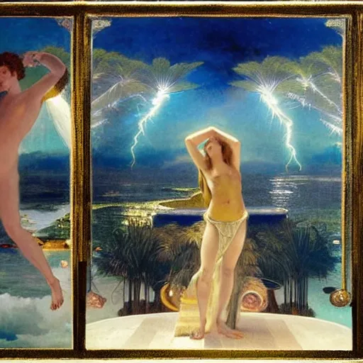 Image similar to The party at the palace, refracted sparkles, thunderstorm, greek pool, beach and Tropical vegetation on the background major arcana sky, by paul delaroche, alphonse mucha and arnold böcklin, hyperrealistic 8k, award-winning, very very very detailed