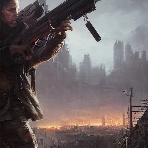 Image similar to a man wearing junk armor and scrapped jeans and holding an shotgun standing behind an apocalyptic city, Matte painting , detailed painting, greg rutkowski