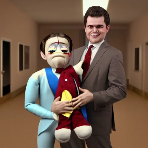 Prompt: photo still of matt gaetz as a creepy ventriloquist puppet from old horror movie, octane render, 8 k,