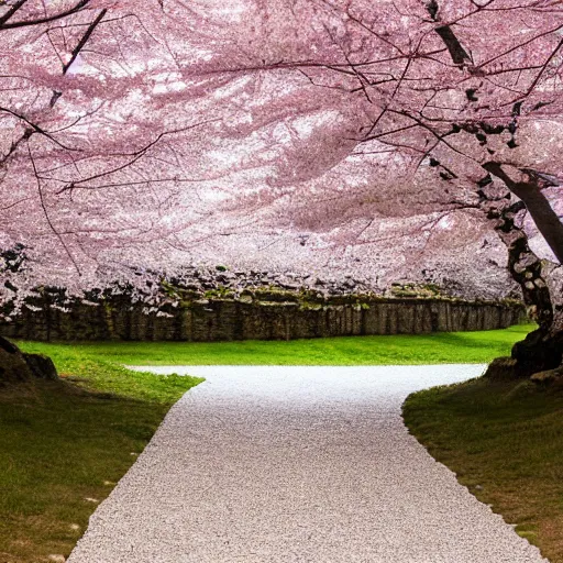 Prompt: stone path through a cherry blossom filled valley leading to a monastery. adult swim, minimalistic