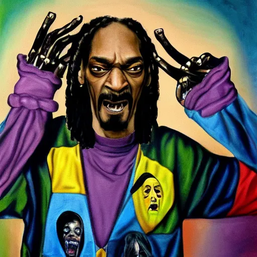 Image similar to snoop dog portrait screaming dementia creepy scary nightmare yelling horrifying, detailed, award winning,