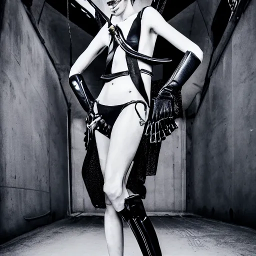 Image similar to fashion photography of an extraterrestrial model, holding a leather whip, wearing demobaza fashion, inside berghain, berlin fashion, harness, futuristic fashion, dark minimal outfit, photo 3 5 mm leica, hyperdetail, berghain, 8 k, very detailed, photo by nick knight