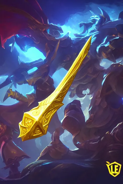 Image similar to a magical golden weapon, d & d, league of legends, concept art, blue background, dramatic lighting. realistic, epic legends, game icon, global illumination, ian pesty