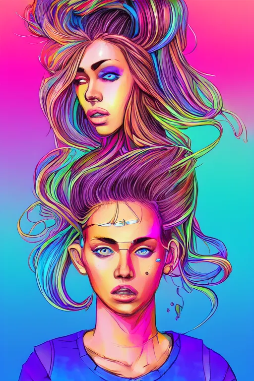 Image similar to a award winning half body portrait of a beautiful woman with stunning eyes in a printed croptop and cargo pants with rainbow colored ombre hairstyle head in motion and hair flying by josan gonzales, outrun, vaporware, shaded flat illustration, digital art, trending on artstation, highly detailed, fine detail, intricate