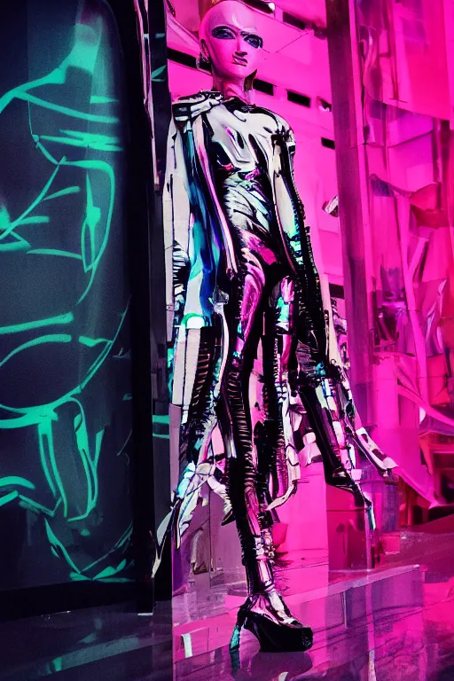 Prompt: an award winning fashion photograph of Balenciaga's fashion week 2049 by Moebius, cyberpunk, futuristic, Bladerunner 2049, dazzle camouflage!!, dayglo pink, dayglo blue, raven black, corporate