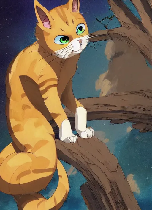 Image similar to official digital painting artwork of a cat character by don bluth, ross tran and studio ghibli.