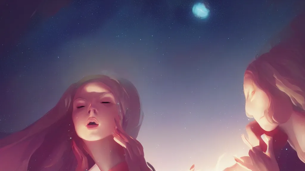 Image similar to A beautiful woman grasping at the stars, by Lois van Baarle, by Greg Rutkowski, by artgerm, by beeple, volumetric lighting, 4k resolution, octane render, trending on artstation