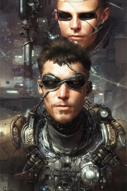 Image similar to a futuristic cyberpunk pirate with a cybernetic eyepatch, upper body, highly detailed, intricate, sharp details, dystopian mood, sci-fi character portrait by gaston bussiere, craig mullins