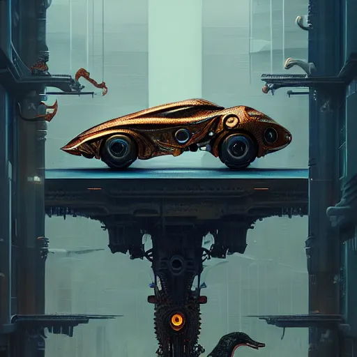 Image similar to cyborg supercar slick, animal : by michal karcz, daniel merriam, victo ngai and guillermo del toro : ornate, dynamic, particulate, intricate, elegant, highly detailed, centered, artstation, smooth, sharp focus, octane render