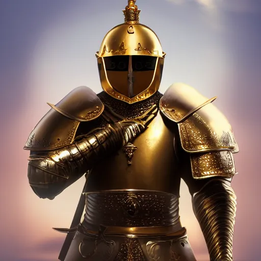 Image similar to a highly detailed full-length knight in a T golden helmet and crown with a diamond in the center, golden armor, leather clothes under the armor, leather gloves, holds a black sword, artstation, DeviantArt, professional, octane render, sunset lighting