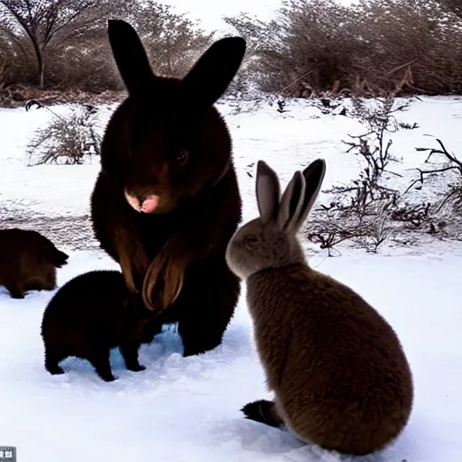 Image similar to Award Winning photo Bear plays with Rabbits in snow in the mexican desert