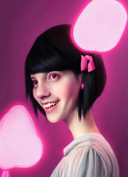 Image similar to portrait of high school girl, realistic, black hair, bangs, half updo hairstyle, pointy nose, skinny, smile, ugly, defined jawline, big chin, pink hair bow, earrings, intricate, elegant, glowing lights, highly detailed, digital painting, artstation, sharp focus, illustration, art by wlop, mars ravelo and greg rutkowski