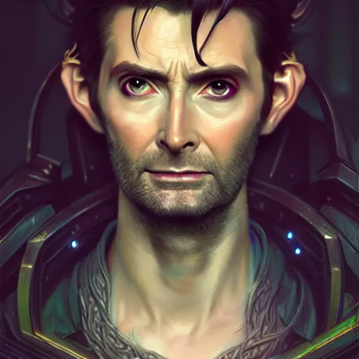 Image similar to portrait painting of a cyberpunk elven beautiful david tennant, ultra realistic, concept art, intricate details, eerie, highly detailed, photorealistic, octane render, 8 k, unreal engine. art by artgerm and greg rutkowski and charlie bowater and magali villeneuve and alphonse mucha