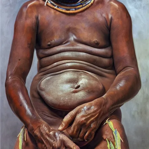 Image similar to high quality high detail painting by lucian freud and jenny saville, hd, full body of a indigenous tribe leader, photorealistic lighting