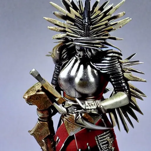 Image similar to female warrior with spiky armour holding a mace,