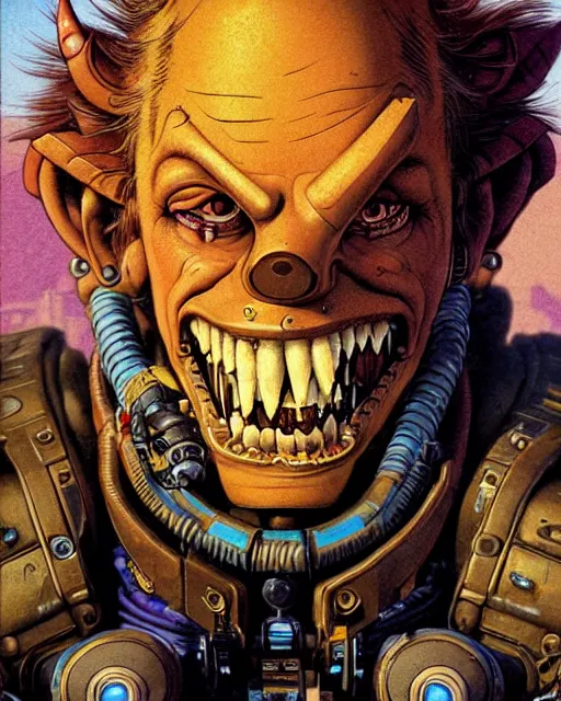 Image similar to junkrat from overwatch, slight smile, character portrait, portrait, close up, concept art, intricate details, highly detailed, vintage sci - fi poster, retro future, in the style of chris foss, rodger dean, moebius, michael whelan, and gustave dore