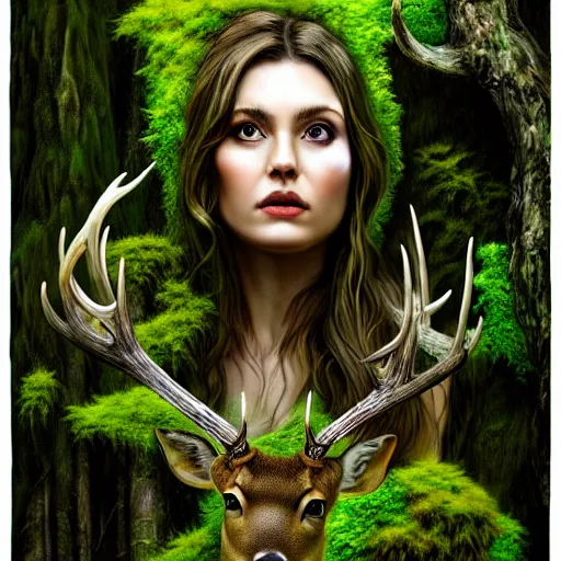 Prompt: a gorgeous wild woman that has deer antlers, deep forest background, matte oil painting, dnd art, fantasy, trees, terrain, moss, lichen, stunning, beautiful, feral, clear, crisp, sharp, award - winning, portrait, extremely detailed