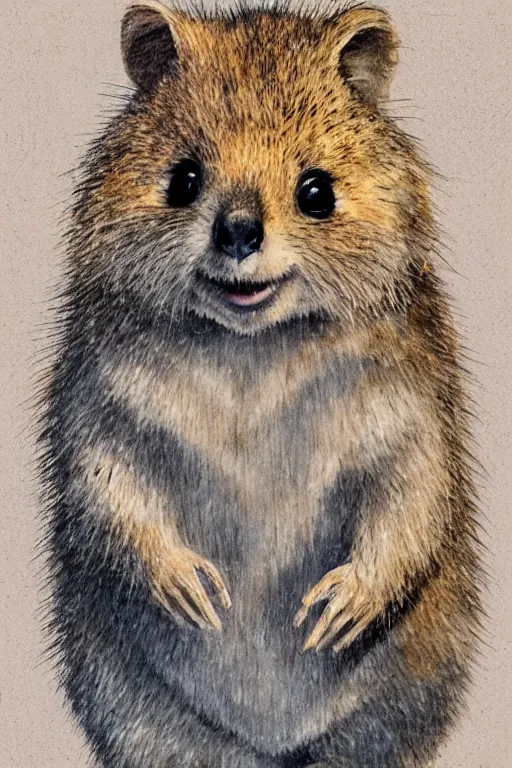 Image similar to detailed illustration, a portrait of a happy quokka on a white background, may gibbs, layered composition, layers, texture, textured, layered, sculpted, dynamic,