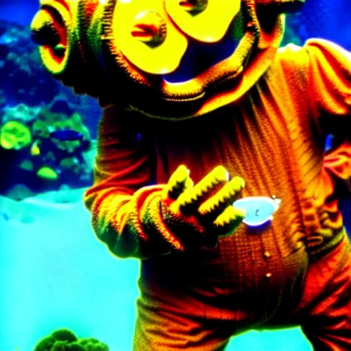 Image similar to rusted barnacle covered teletubby at the bottom of the ocean