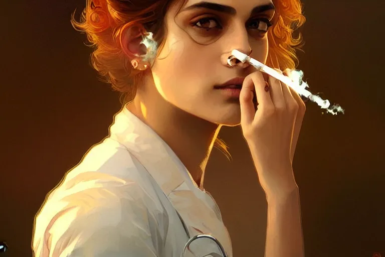 Image similar to Anxious good looking pale young Indian doctors smoking, portrait, elegant, intricate, digital painting, artstation, concept art, smooth, sharp focus, illustration, art by artgerm and greg rutkowski and alphonse mucha