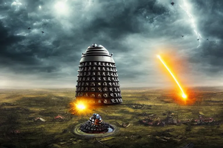 Prompt: colossal Dalek towering over village shooting lasers, houses, trees, looking down, realistic, post apocalyptic style, tornadoes, dark clouds, hyper realistic, wide angle