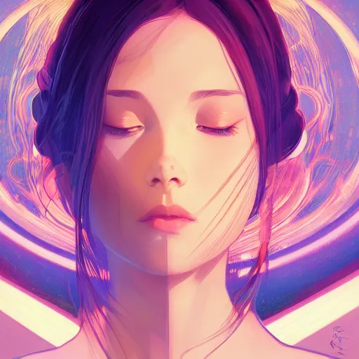 Image similar to gazing into the gorgeous face of infinity, eyes closed, ambient lighting, 4 k, lois van baarle, ilya kuvshinov, rossdraws, alphonse mucha, jung gi kim, artstation