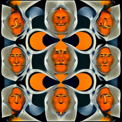 Image similar to A beautiful mixed mediart of a human head. The head is seen from multiple perspectives at once, as if it is being turned inside out or seen through a kaleidoscope. Every angle and curve of the head is explored and emphasized, creating an optical illusion that is both confusing and mesmerizing. icy, isotype by Jean Arp somber