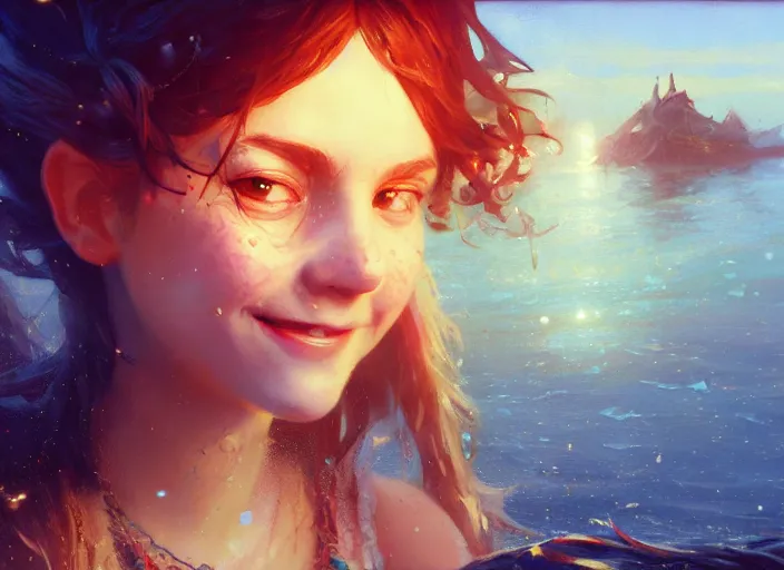 Image similar to full body picture of a pirate girl, looking at the treasure box, hard breathing, messy hair, very excited, smiling, sparkling eyes, magic and fantasy, whale monsters, beautiful and aesthetic and attractive and detailed face, specular reflection, occlusion shadow, intricate, bokeh, masterpiece, by ilya kuvshinov and jeremy lipking and quentin mabille