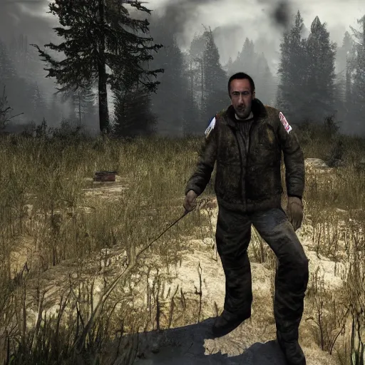 Image similar to Nicholas Cage in S.T.A.L.K.E.R PC game, screenshot, max graphics settings