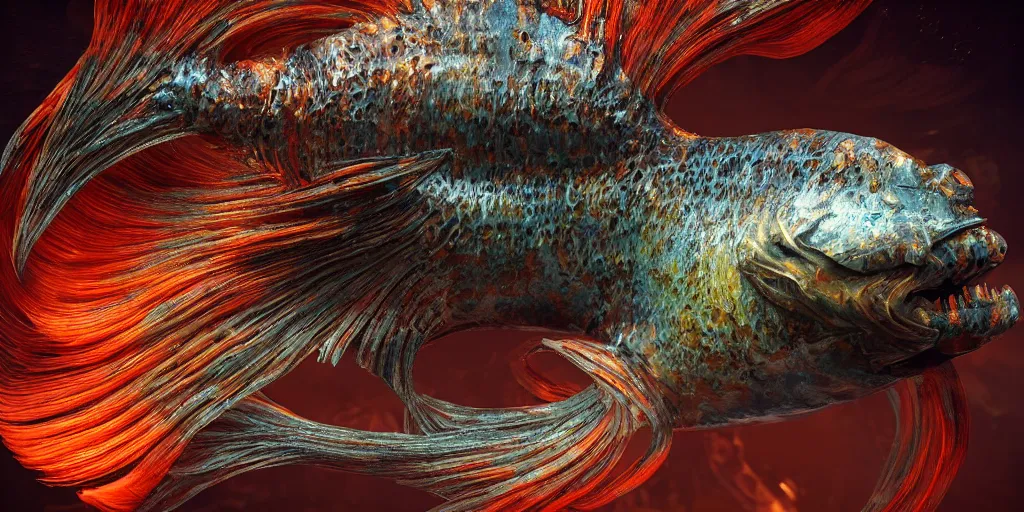 Image similar to goldfish, stylized layered textures, long flowing fins, bioluminescent orbs, 3 d render, substance painter, glowing eye, smooth, sharp focus, art by h r giger