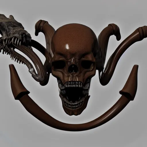 Image similar to 3d render of an old coat of arms with bones, skulls, xenomorphic skulls nerves and veins