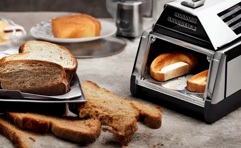 Image similar to a time-traveling delorean styled toaster with toast, bread inserted into slot, professional product shot, magazine ad