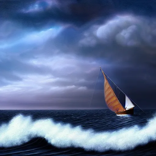 Prompt: a real photographic landscape painting with incomparable reality, super wide, ominous sky, sailing boat, wooden boat, lotus, huge waves, starry night, harry potter, volumetric lighting, clearing, realistic, james gurney, artstation - h 1 0 2 4